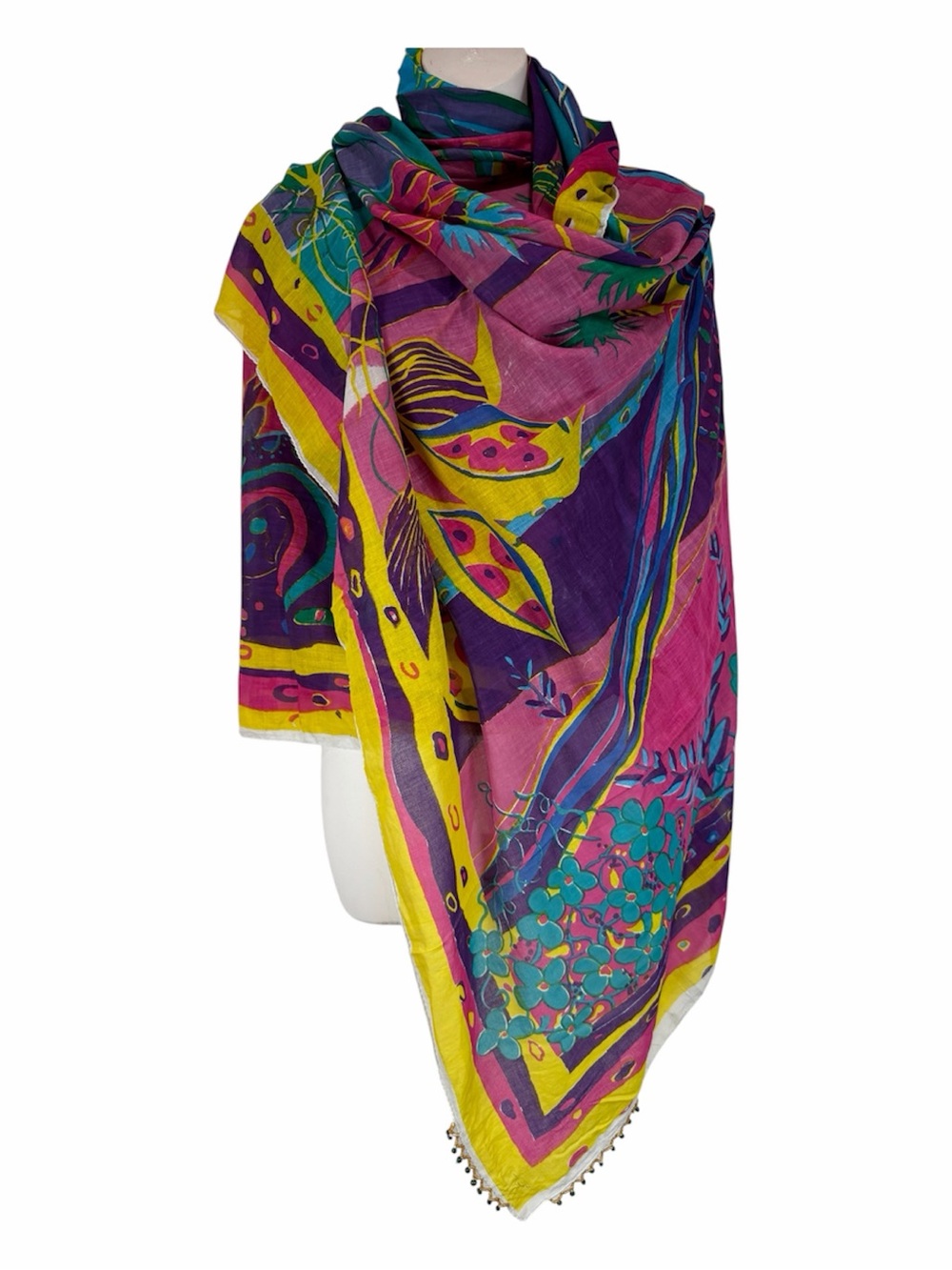 Tropical Cotton Scarf Jasmine KVM Vintage Beaded Parrot Shawl Colorful Sarong